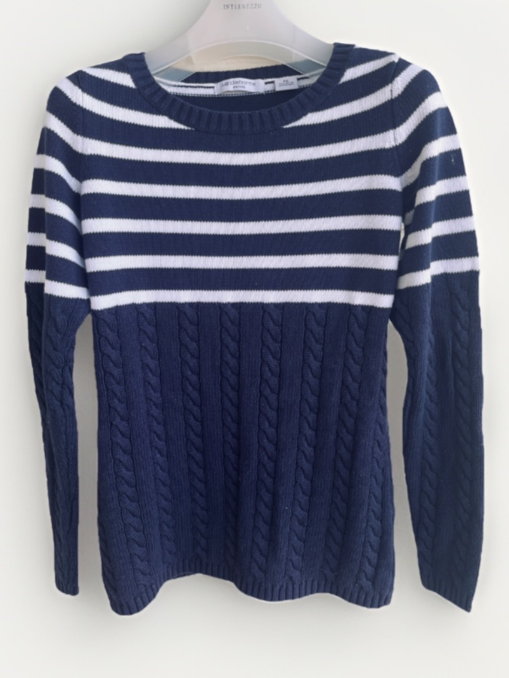 Vintage Liz Claiborne Petite Nautical Striped Cable Knit Cotton Sweater Navy PS
